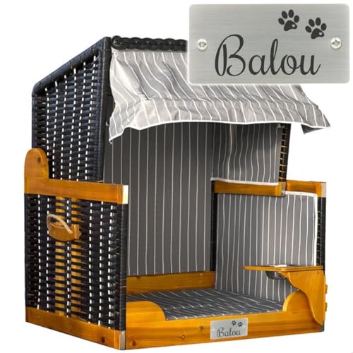Sterngraf Hunde-Strandkorb mit Gravur zB Schild Pfoten (Name), personalisiertes Edelstahlschild, Hundekorb/Hundebett schwarz-grau