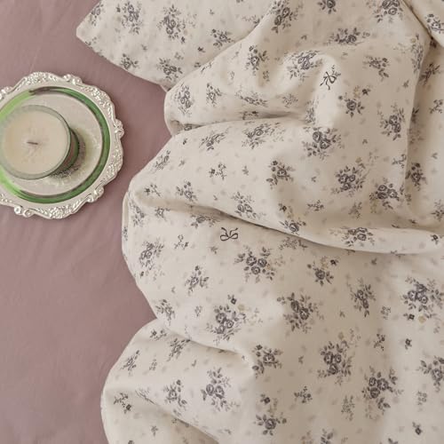 Image of VM VOUGEMARKET King Size Double Layer Gauze Duvet Cover Set, Off-White Duvet Cover with Gray Floral Prints Bedding Set for Cottagecore Decor