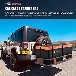 MeeFar Hitch Mount Cargo Carrier Bag Soft Shell 100% Waterproof 20 Cubic Feet (59" 24" 24") Include 8 Reinforced Straps for Truck Pickup All Vehicle with Steel Cargo Basket