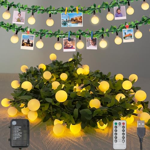 Dolunvo 100 LED Vine with Fairy Lights Battery Operated,39 Ft 8 Modes Globe Ivy String Lights,Green Vines with Lights for Bedroom,Room,Wall,Garden,Party,Wedding,Christmas Décor(Warm White)