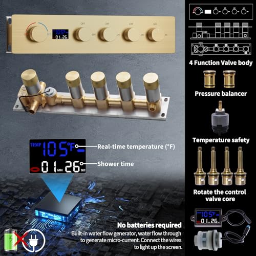 Set de ducha con grifería de techo 20x14 pulgadas, cabezal de ducha LED, válvula termostática con pantalla de temperatura y combinación de dos cabezales de ducha de pared de 8 pulgadas y ducha de mano (oro cepillado) miniatura 4