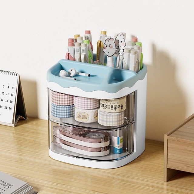 Image of Amazon Brand - Umi Multifunctional Desk Organiser with 3 Compartments & 2 Rotating Drawer Desktop Office Supplies Stationery Storage Box for Pens Staplers Clips Sticky Notes Study Table - Blue