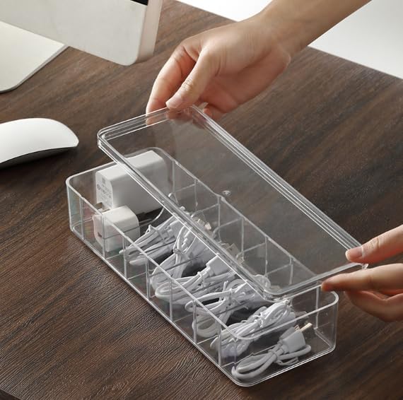 Miniatura 8 de Paquete de 4 cajas transparentes para organizar cables con 40 lazos de silicona, solución de almacenamiento duradera para accesorios de escritorio,