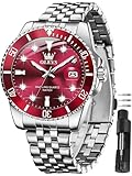OLEVS Watch Men,Red Watches for Men,Silver Men's Watch Red Face,Mens Dress Watchs,Stainless Steel Watches for Man with Date,Large Face Wristwatch,Waterproof Male Wristwatch,Relojes para Hombres