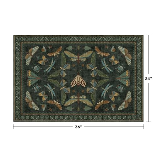 Image of Hazo Haus 2x3 Entry Way Rugs Indoor - Dark Green Small Throw Rug for Kitchen, Bathroom, Insect Boho Design, Washable Non Slip Stain Resistant