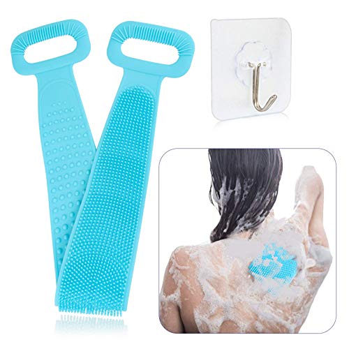 LOSLANDIFEN Silicone Bath Back Scrubber For Shower - Exfoliating Lengthen Double Side Silicone Body Back Scrubber Strong Silica Gel Bath Towel Deep Clean Rich foam for Women and Men(76CM-Blue)