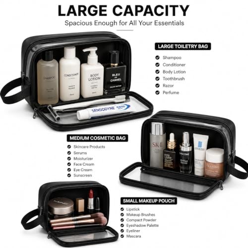 Image of MELVIS Waterproof Travel Toiletry Bag for Women | 3-Piece Pink Faux Leather Makeup & Toiletry Organizer Set with Clear Window | Cosmetic Wash Bag Pouch for Travel Accessories & Brushes (Black)