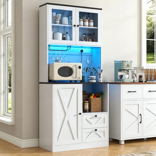 Image of 71 inch Tall Coffee Bar Cabinet with Storage Hutch, Farmhouse Kitchen Pantry Cabinet with LED Lights Microwave Stand and Glass Holder for Home Dining Room Kitchen,White