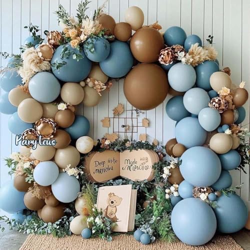 Image of Dusty Blue Brown Balloon Arch Kit Double Stuffed Pastel Baby Blue Dark Brown Tan Coffee White Sand Latex Balloon Garland for Neutral Birthday Bear Western Cowboy Party Decoration