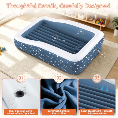 Image of Inflatable Toddler Bed for Travel Safety Guard Rails 300lb Capacity Blue | 360 Safety Rails prevent rolling. 20s fast inflation. Puncture-resistant PVC. Skin-friendly flocking. Ideal for travel