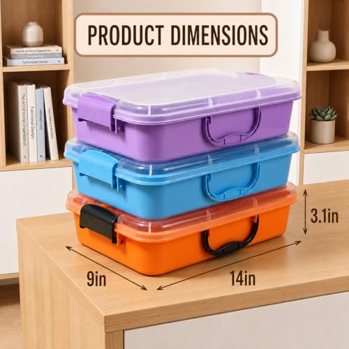 Image of FIIOEOY 3 Pcs Sensory Bin Sand Tray with Lid & 3 Stickers, Stackable Storage Sensory Bin Containers with Lid, Portable Sandbox Organizers for Toys, Sand, Arts, Crafts (Purple, Blue, Orange)