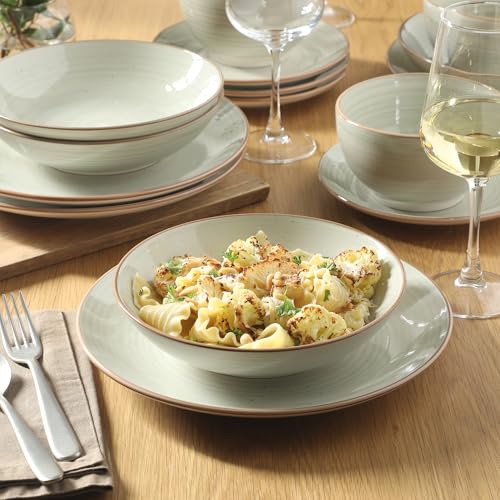 Image of Gibson Home Stonebury 16 Piece Plates and Bowls Cream Grey Dishes - Handpainted Stoneware Dinnerware Set - Service for 4