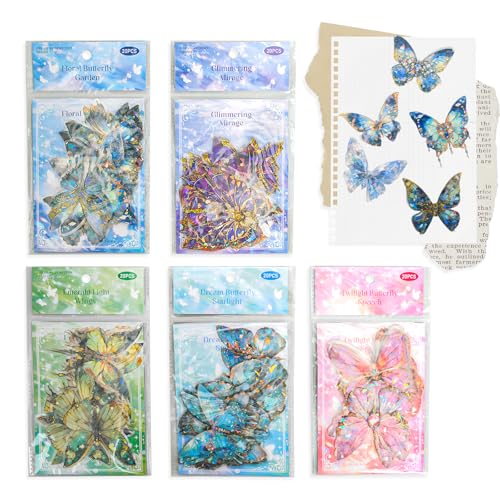 100 Autocollants Papillon Scrapbooking Autocollant, Stickers Papillon Holographiques à Paillettes Imperméables avec Effet Coquille Or - 5 Couleurs Vives,...