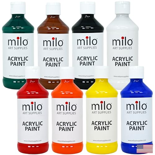 Image of milo Acrylic Paint Set, 8 Primary Colors, 8 oz Bottles, Semi-Gloss | Safe, Non-Toxic, Made in the USA, Arts & Crafts Paints for Artists, Student & Hobby Painters, Paint Pack, Classroom, Bulk