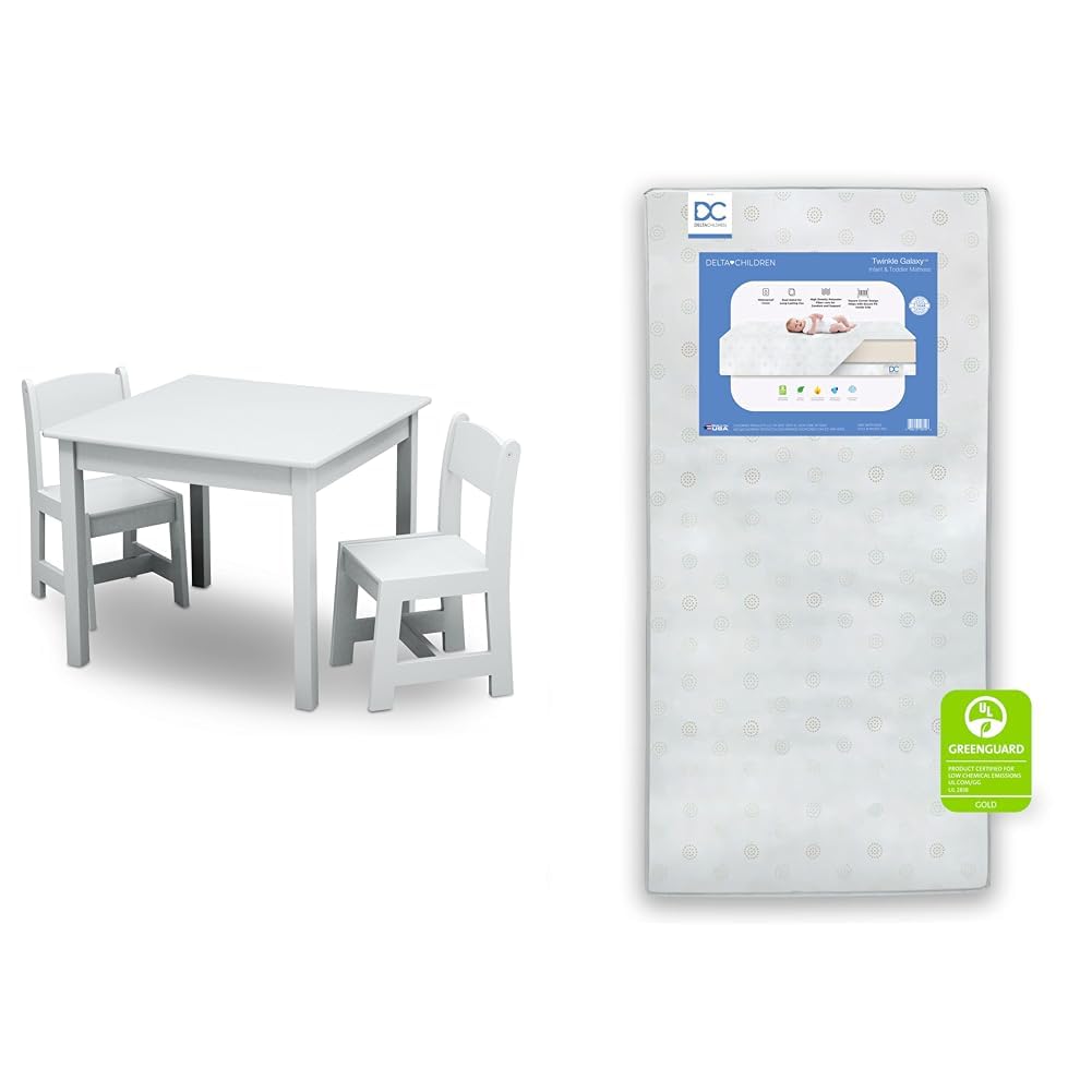 Delta Children MySize Kids Wood Table and 2 Chairs Set, Twinkle Galaxy Dual Sided Crib and Toddler Mattress
