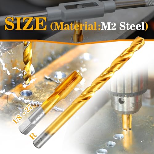Image of 1 /8-27 NPT Pipe Tap and R Drill Set,M2 HSS Hand Threading Plumbing Tap Set for Plumbers Mechanics DIY Thread Cutting Tools