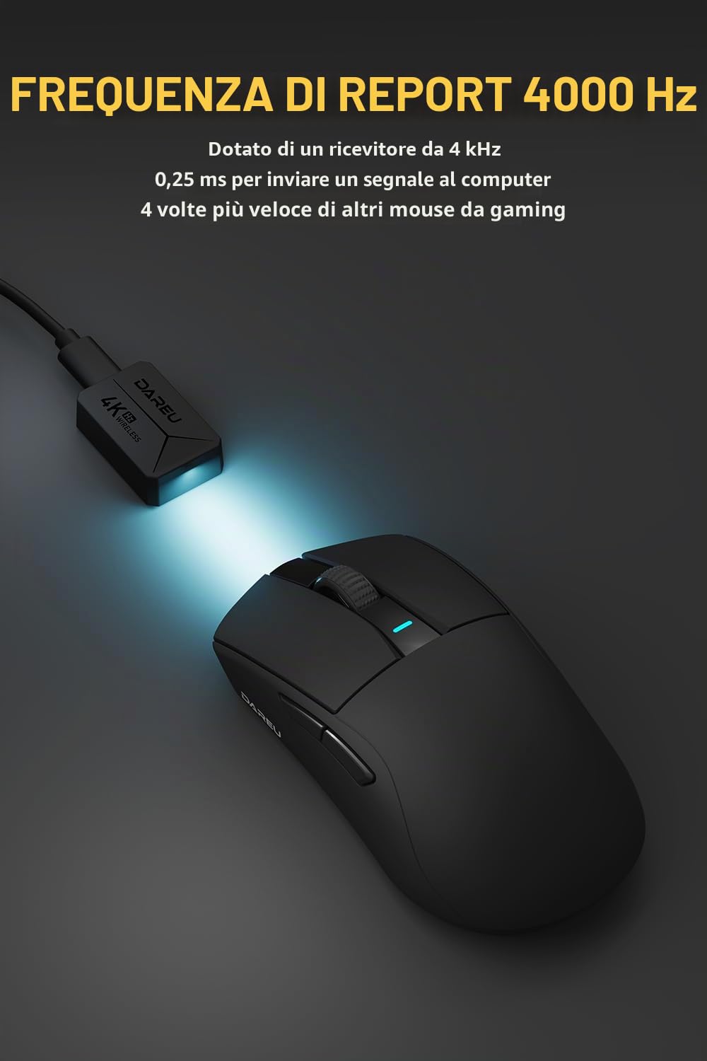 DAREU A950pro mouse gaming wireless 4K 55g ultra leggero, frequenza di polling 4 kHz, sensore ottico PAW3395, DPI 26K, 5 pulsanti programmabili, supporto 15 minuti di ricarica rapida e connessione