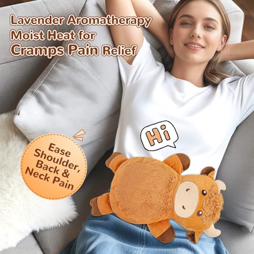 Image of Microwave Heating Pad for Pain Relief, 16 inch x 11 inch Microwavable Heating Pads for Cramps, Back Pain, Neck Shoulder, Muscles, Knee, Joints, Natural Heat Pack Moist Heat, Highland Cow with Round Eyes
