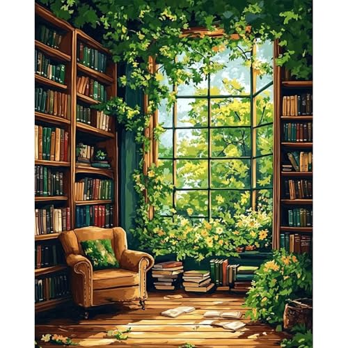 QENSPE Libreria Dipingere con i Numeri Adulti, Paint by Numbers Montagna Piante Pittura Acrilica, Hobby Creativi Adulti, Regalo Donna, Regalo Uomo, Decorazioni Murali per Casa - 40x50cm