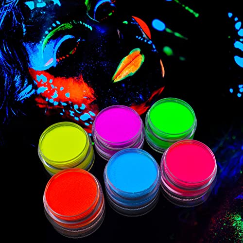 MRTREUP Neon Face Paint UV Glow Body Paint Water Activated Eyeliner , 6 Colors Cake Eyelier Fluorescent Hydra Graphic Pink Green Glow in the Dark Body Paint for Club Halloween Party Makeup Art Paint