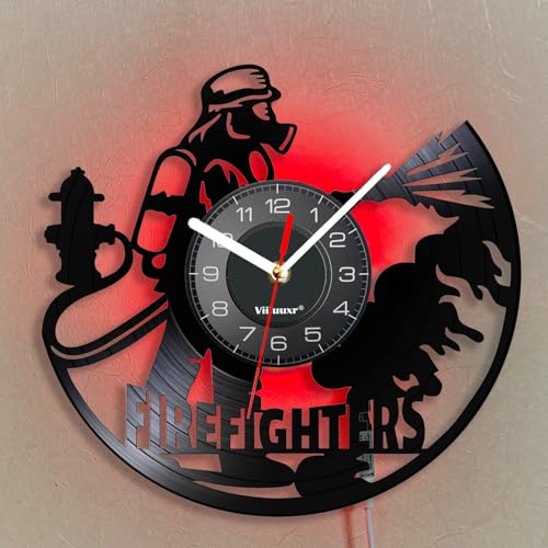 Viiluuxr Horloge Murale Vinyle Lumineuse LED 30 cm - Décoration Pompier - Silencieuse sans Tic-Tac...