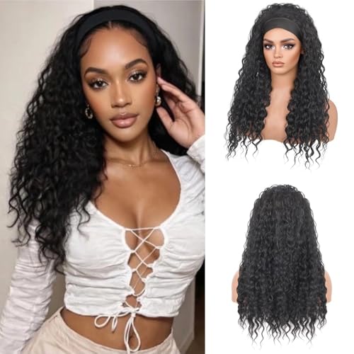 Curly Headband Wig - Deep Wave & Water Wave Headband Wigs for Black Women,Glueless Wear & Go Synthetic Wigs, Trendy Curly Waves, Easy Styling for Natural Beauty & Quick Transformation(#1B, 20in)