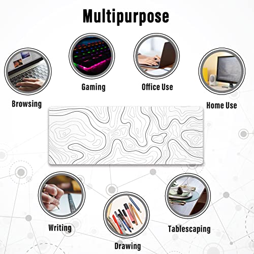 Image of Ovenbird Large Gaming Mouse Pad with Stitched Edges, Minimalist Topographic Map Desk Mat, Extended XL Mousepad with Anti-Slip Base, Cool Desk Pad for Keyboard and Mouse, 35.4 x 15.7 in, White