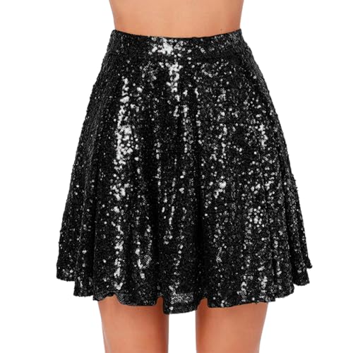 Genérico Faldas Mujer Botones Falda Corta Plisada de Cintura Alta para Mujer, Falda Holgada con Lentejuelas Y Camisa Boda (Black, S)