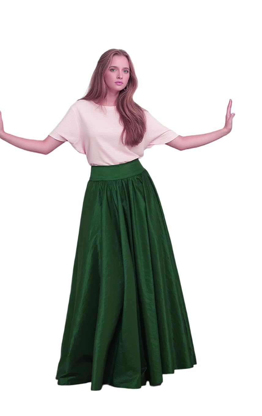 Womens Long Flared Taffeta Skirt A-Line Floor Length Taffeta Skirts with Pockets