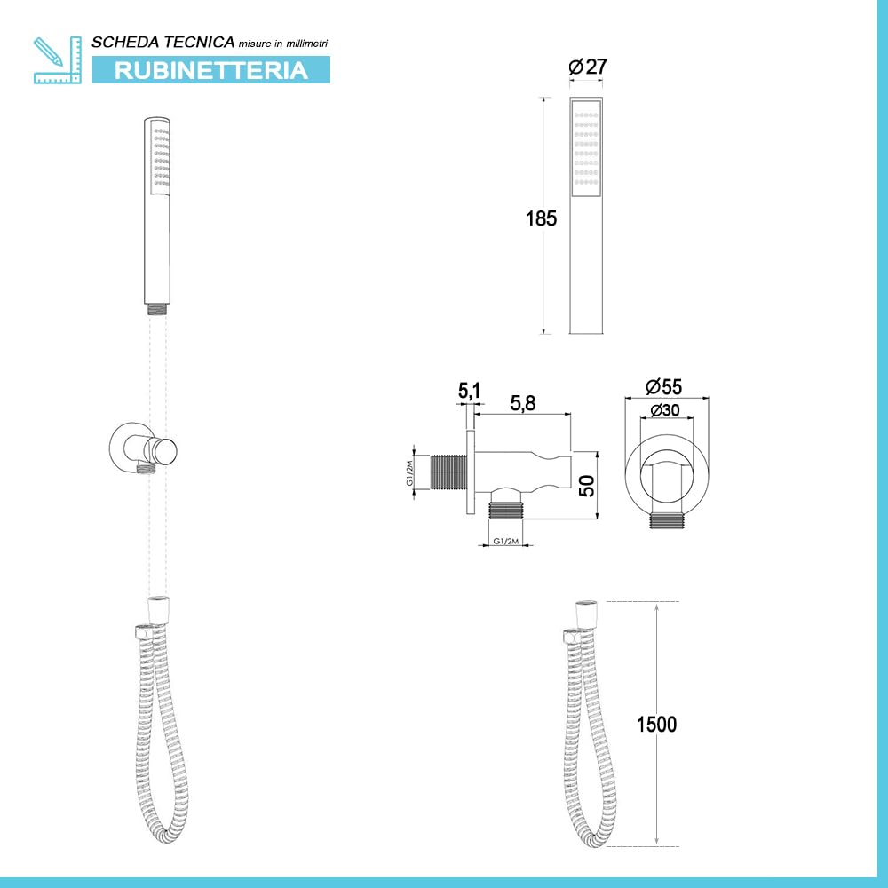 Kit doccia completo satinato in acciaio inox con doccetta in ottone, presa acqua con supporto e flessibile da 150 cm