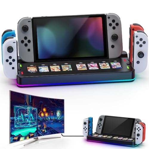 Tendak Switch Docking Station, TV Dock Station para Nintendo Switch/OLED, Estación de Carga LED para JoyCon, Cargador de Mandos de Switch con Almacenamiento para 8 Tarjetas de Juegos