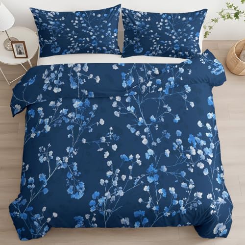 Housse de couette 220x240 fleur bleu rétro parure de lit 2 taies oreiller