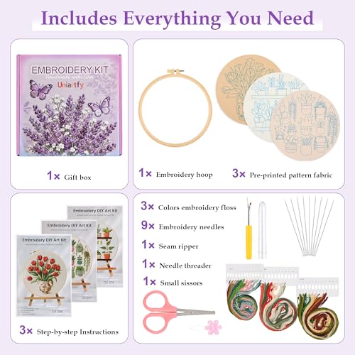 Image of 3 Pack Embroidery Kit for Adult Beginners, Needlepoint Cross Stitch Kits with Flower and Green Plant Stamped Patterns, Embroidery Hoop, Tools,Colorful Threads,Step by Step Instructions,DIY Starter Kit