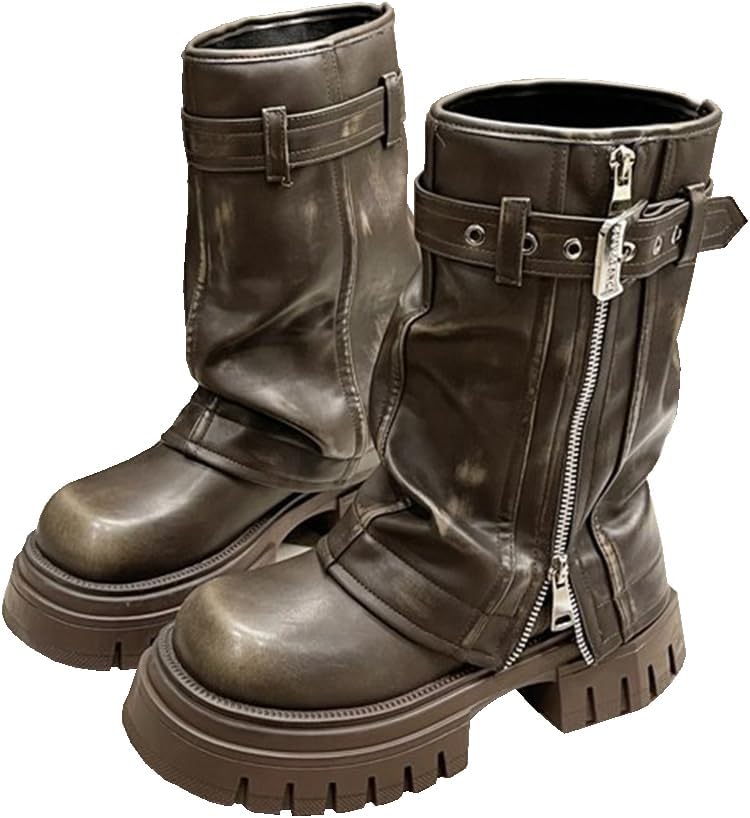 Women's Mid Calf Dress Boots Square Toe Side Zipper Motorcycle Riding Boot with Decorative Belt