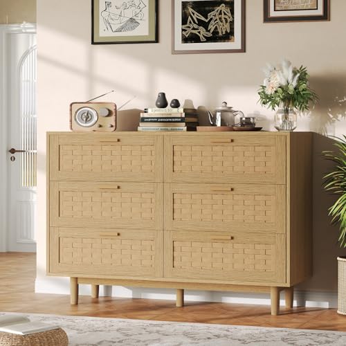 ZHDOKA - Cómoda de ratán sintético con 6 cajones, 115 x 40 x 80 cm, armario de almacenamiento moderno con patas de madera, aparador con 6 cajones para dormitorio, sala de estar, pasillo, roble