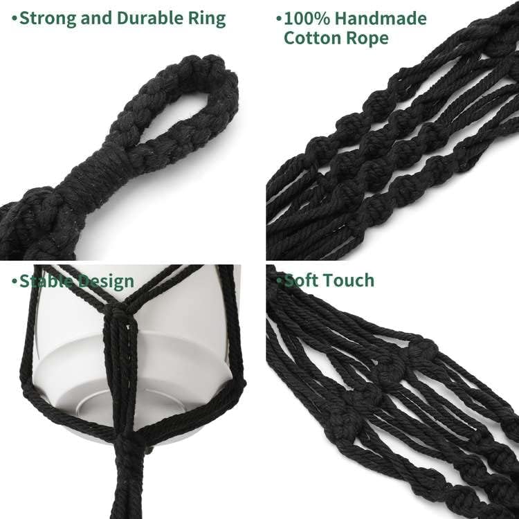 POTEY 40'' Macrame Plant Hanger with 6.3" Pots, Saucers and Ceiling Hooks, Boho Decorative Flower Holder, Crochet Hanging Planters for Indoor Outdoor, Black, 4 Set