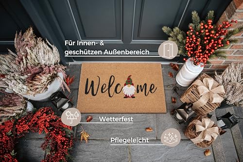 Hanse Home Fußmatte Weihnachten Kokos 45x70cm – rutschfeste Schmutzfangmatte Natur für Innen, Fußabtreter Welcome Wichtel Kokosmatte für Eingangsbereich & überdachten Außenbereich