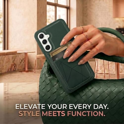 Image of amazon basics Premium Vegan Leather Back Cover with Card Holder and Integrated Mobile Stand for Samsung Galaxy S23FE 5G - Slim Shockproof Wallet Case with Geometric Stitching [Green]