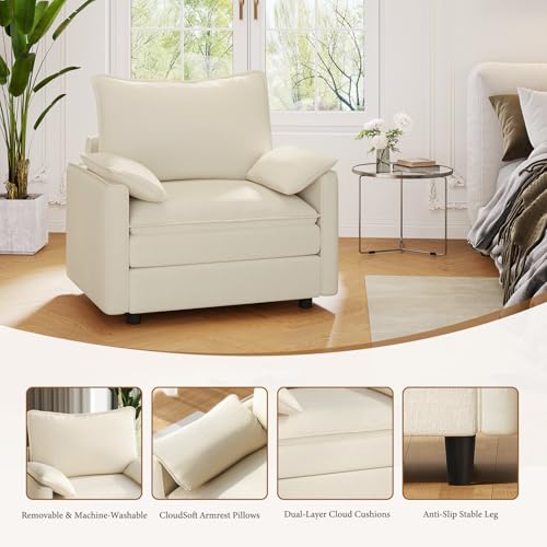 Image of Vesgantti 40 inch Single Seat Sofa, Comfy Cloud Couch Deep Seat Upholstered Couch Chenille Modern Sofa with Armrest Pillow, Easy Assembly for Living Room, Bedroom and Apartment, Beige