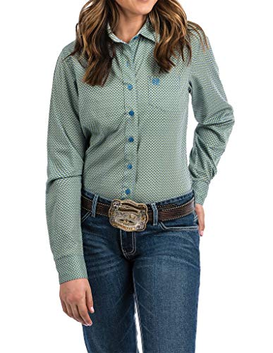 Cinch Women's Blue Print Button Down Long Sleeve Western Shirt Light Blue XX-Large