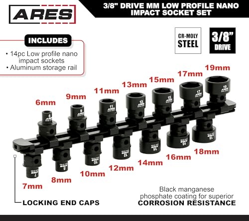 Image of ARES 29018 14-Pc 3 /8in Metric Nano Sockets, Low Profile, w /Rail