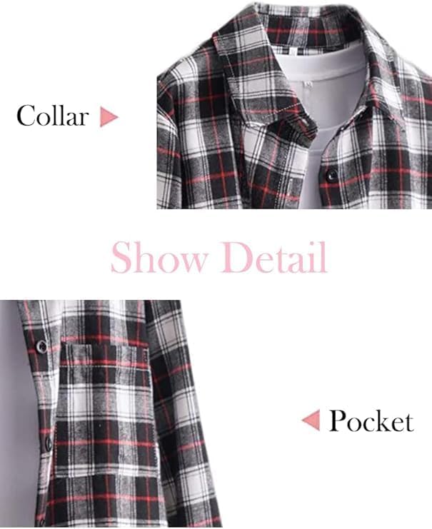 Minibee Women's Cotton Blouses Tops Plaid Long Sleeve High Low Button Down Shirts Tunic - Image 6