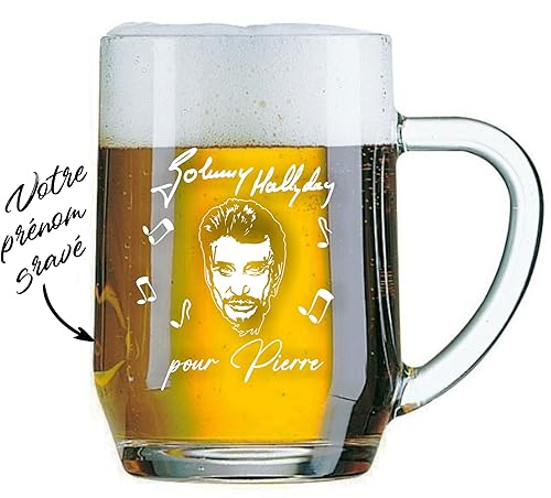 Gravure Events Chope à Bière Johnny Hallyday personnalisée - personnalisable avec le prénom de votre choix qui sera gravé sur verre Cadeau pour Homme fête des pères Saint Valentin Noël anniversaire
