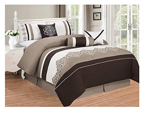 All American Collection New 7 Piece Embroidered Over-Sized Comforter Set (Queen, Brown/Beige)