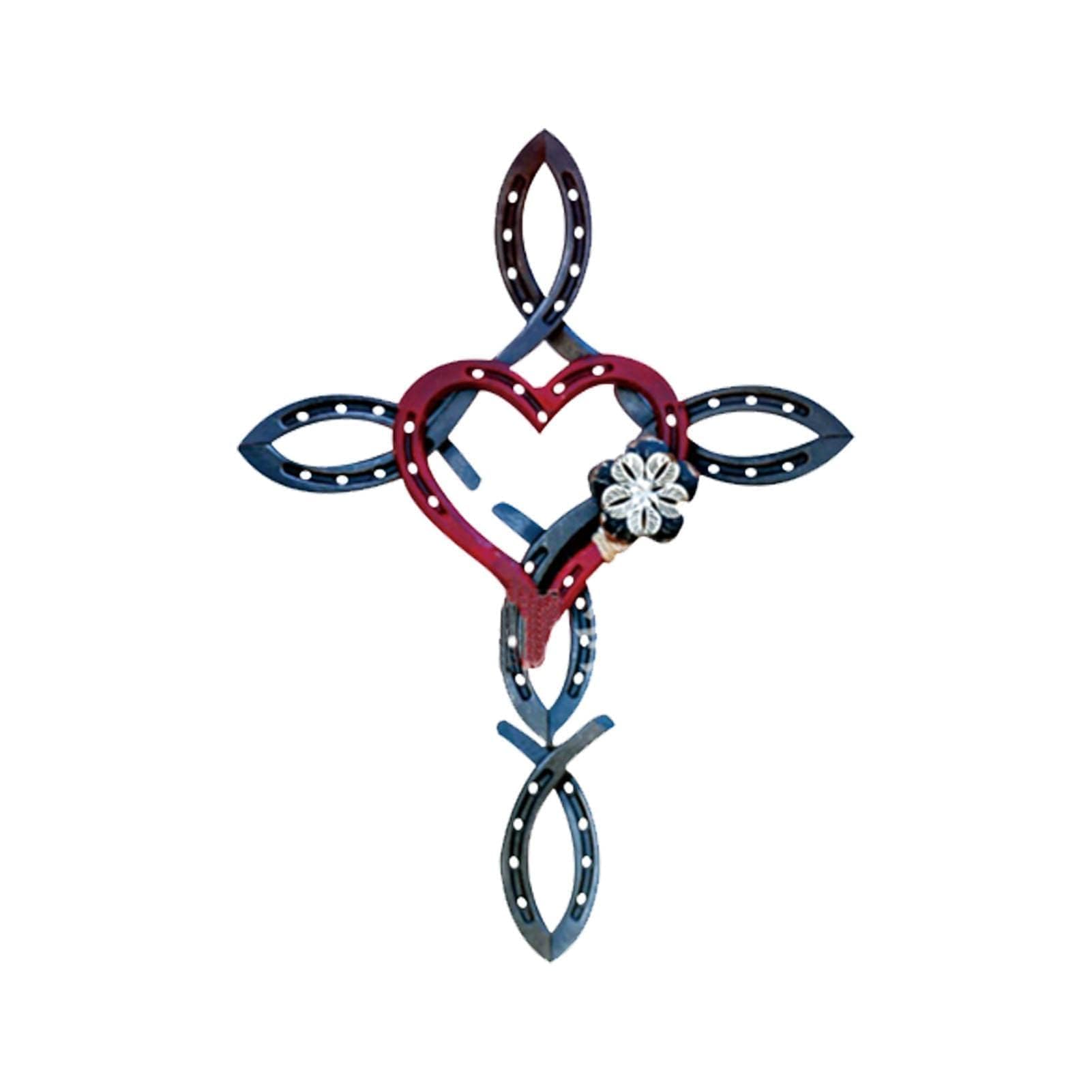 PAREKS Natural Horseshoe Cross | with Heart Metal Horseshoe Cross Wall Art Decor | Distressed Cast Iron Wall Cross Cross Religious Family Wall Art