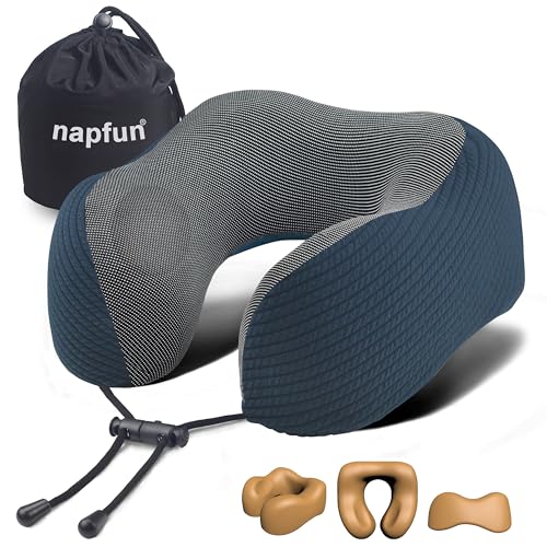 Image of napfun Neck Pillow for Traveling, Upgraded Travel Neck Pillow for Airplane 100% Pure Memory Foam Travel Pillow for Flight Headrest Sleep, Portable Plane Accessories, Deep Blue