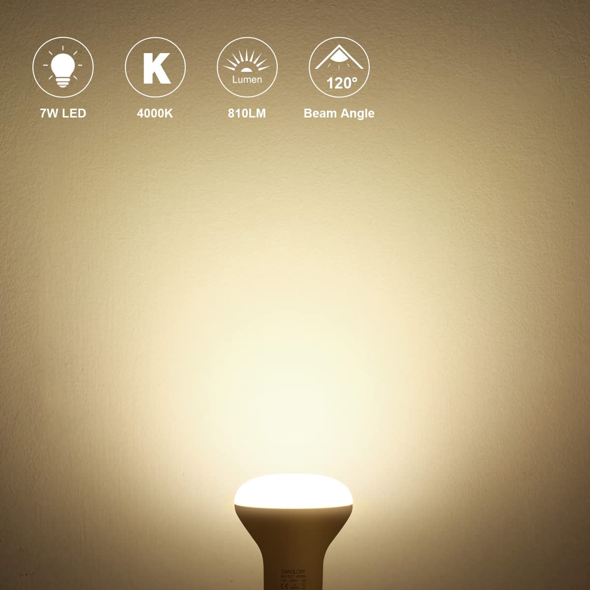 SanGlory LED Lampadine Faretti R63 E27 7W 4000K Equivalente a 60W, Luce Bianco Naturele, 810LM, 120 Gradi di Luce, Lampade Riflettore LED R63 per Plafoniere, Non-dimmerabile, 2 Pezzi