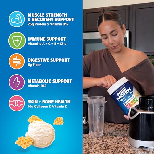 Image of Pure Protein All-In-One Powder, Vanilla - Whey & Collagen, High Fiber, Vitamins, No Added Sugar, Non-GMO, Gluten-Free, 1.25lb