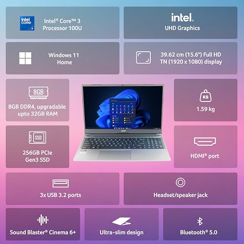 Image of Acer Aspire Lite Intel Core i3 /Core 3 14th Gen-100U Processor, Office 2024 + M365 Basic, 8GB RAM /256GB SSD, 15.6 inch /39.62 cm, FHD IPS Display,Win11Home, Steel Grey, 1.59Kg, AL15-53, Thin & Light Laptop