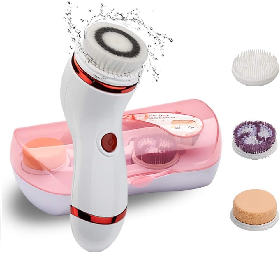 Facial Cleansing Brush, Electric Waterproof Skin Face Body Rotating Cleanser Brush Portable Travel Case Deep Pore Cleansing Gentle Exfoliating&Remove Blackhead Acne with 4 Heads Washable Chrome Red-1